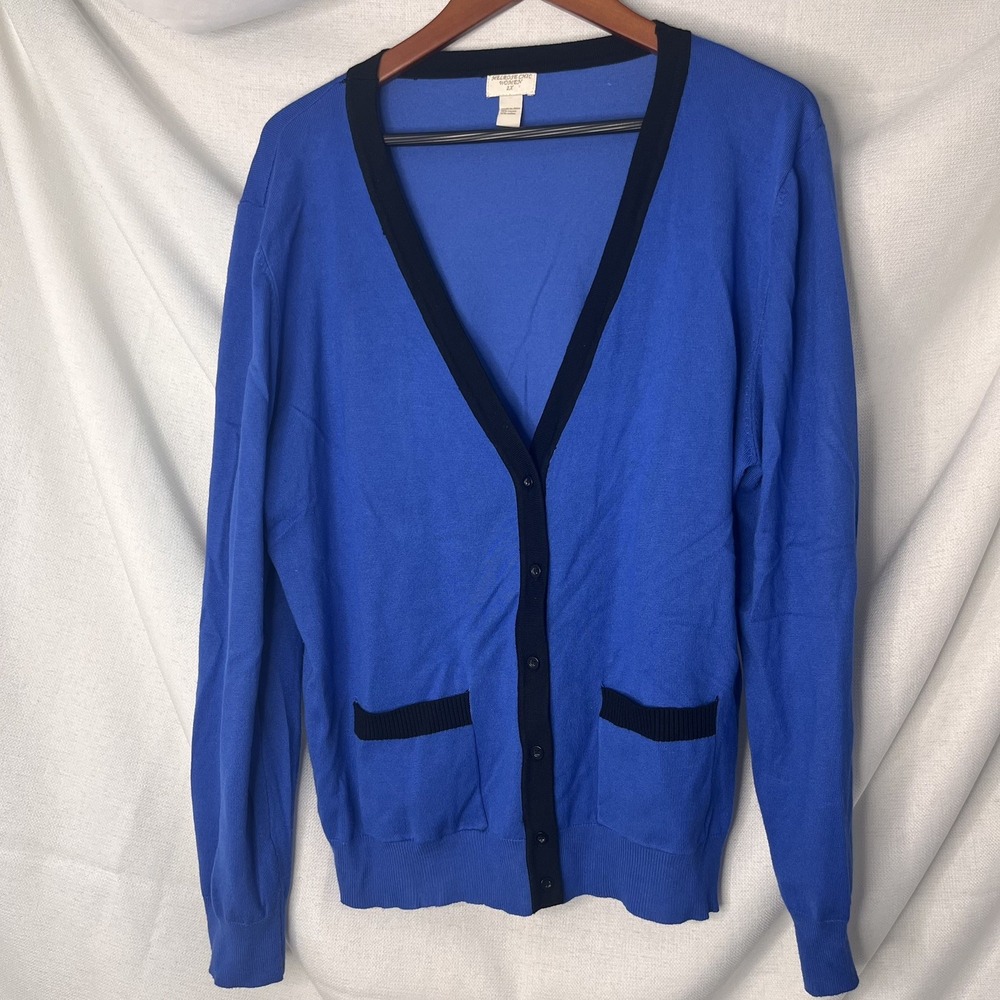 Vintage Style Blue Cardigan Black Trim Pockets Preppy Academia Old Money